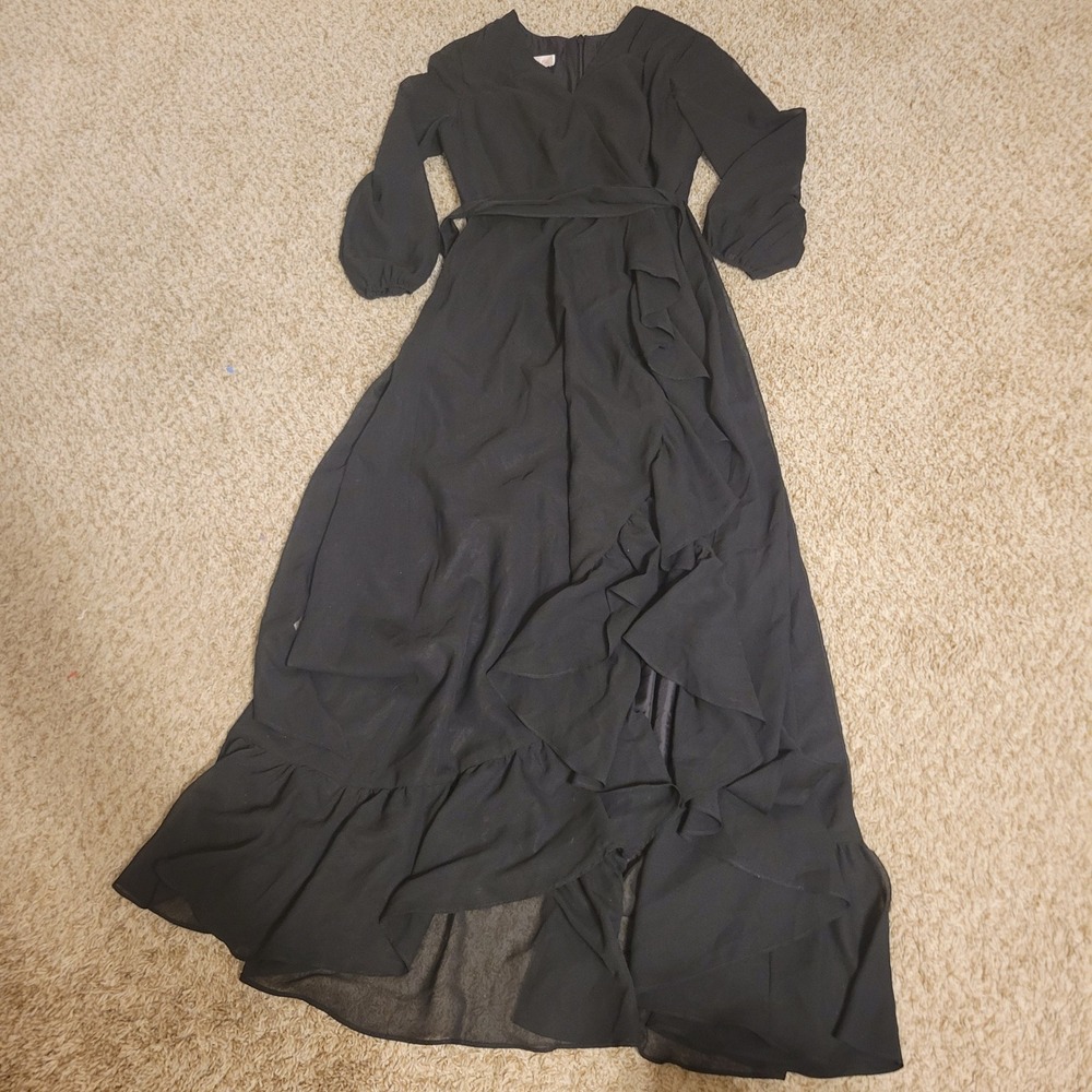 JJ's House Women Maxi Dress Small Black Chiffon Ruffle High-Low Formal Gown